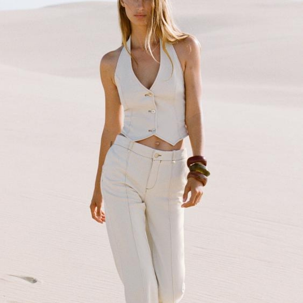 NWT Zara Cream White Denim Buttoned Halter Top